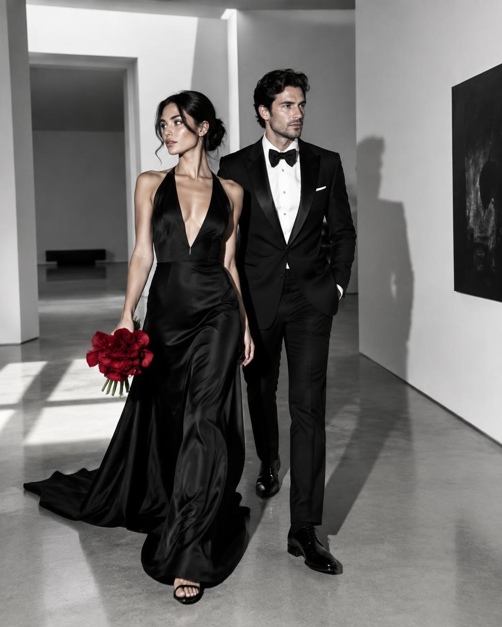 A couple in black formalwear walking through a modern gallery